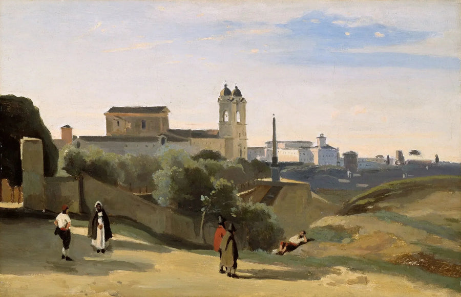 Rooma Mont Pincio. Pyhän Kolminaisuuden vuori. Näkymä Ranskan akatemian puutarhojen hintaan - Jean-Baptiste Camille Corot