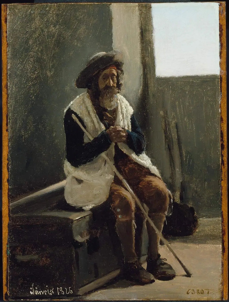 Rooma, istuva vanhus matkalaukulla, joka kuuluu Corotille - Jean-Baptiste Camille Corot