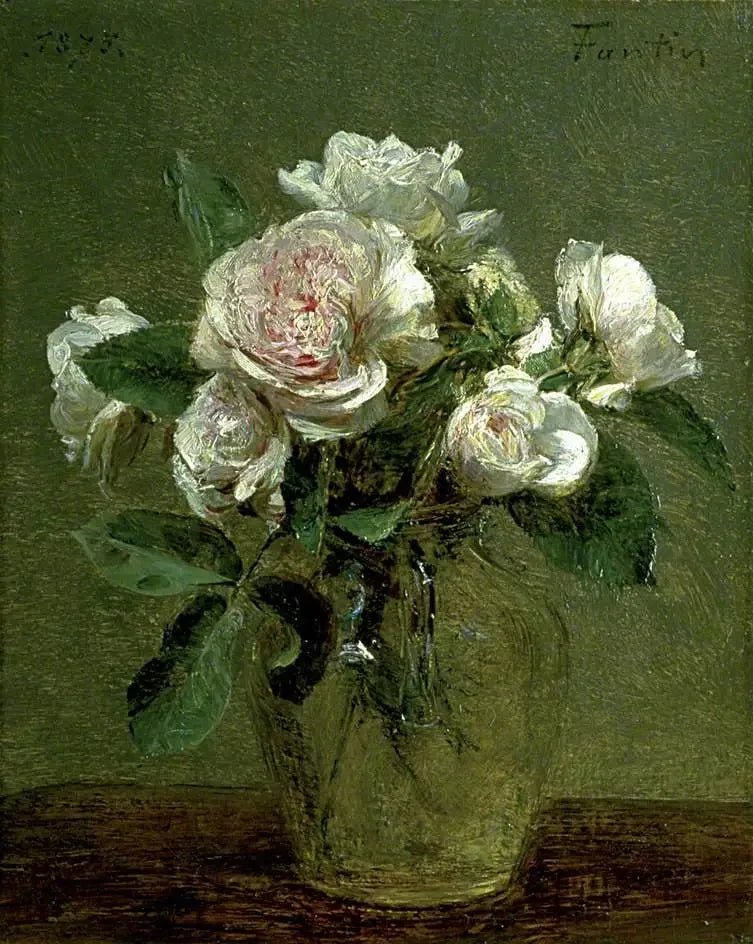 Valkoisia ruusuja lasimaljassa - Henri Fantin-Latour