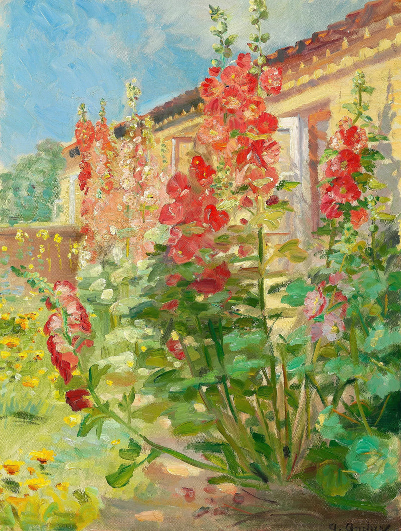 Punaiset hollyhocks Ancher-perheen puutarhassa Markvejissa Skagenissa. -Anna Ancher