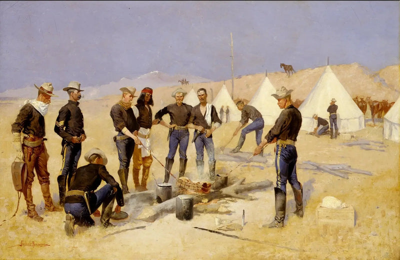 Joulun naudanpaistin paistaminen ratsuväkipaikalla - Frederic Remington