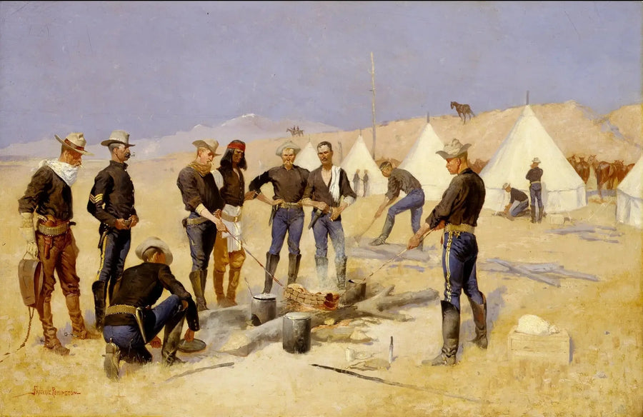 Joulun naudanpaistin paistaminen ratsuväkipaikalla - Frederic Remington