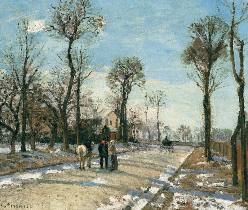 Versaillesin tie, Louveciennes, talven aurinko ja lumi - Camille Pissarro