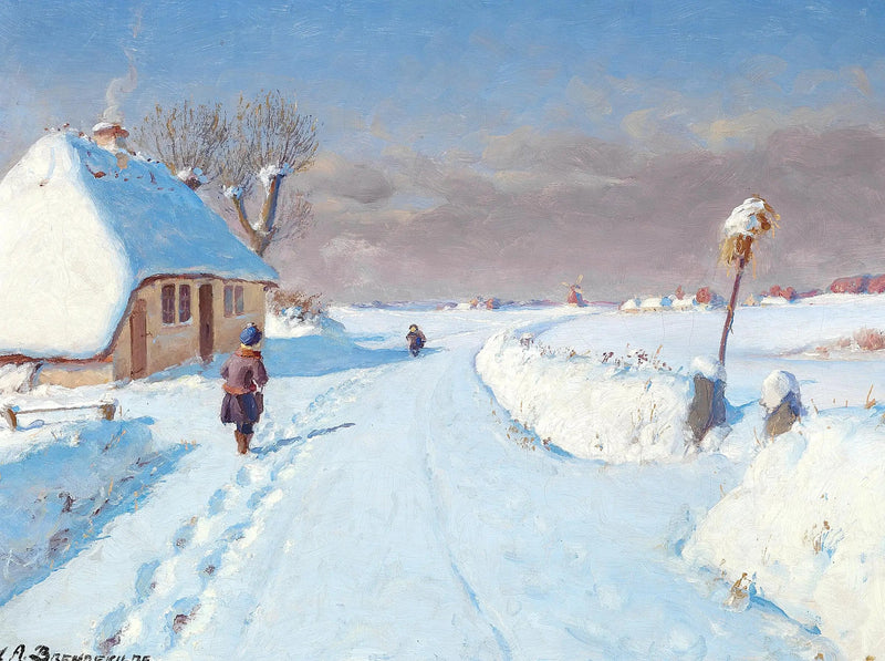 Auringonpaisteinen tie kylän reunassa, talvi (32 x 42 cm). - H. A. Brendekilde