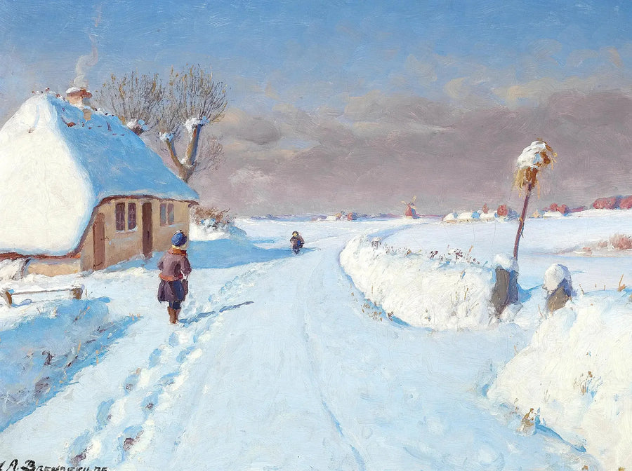Auringonpaisteinen tie kylän reunassa, talvi (32 x 42 cm). - H. A. Brendekilde