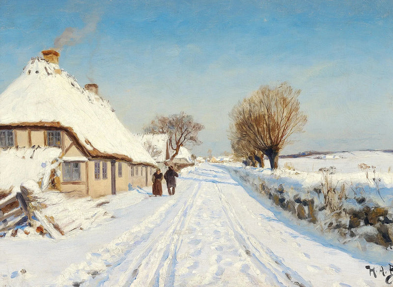 Auringonpaisteinen tie kylän reunalla, talvi. - H. A. Brendekilde