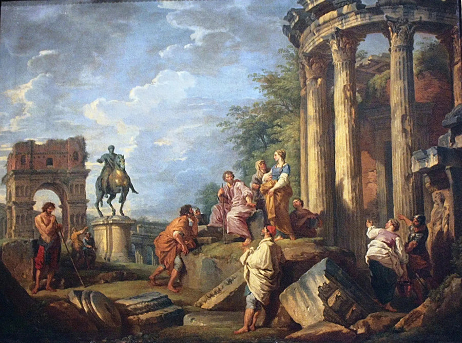 Arkkitehtuurin rauniot Januksen kaaren, Vestan temppelin ja Marcus Aureliuksen ratsastajapatsaan kanssa