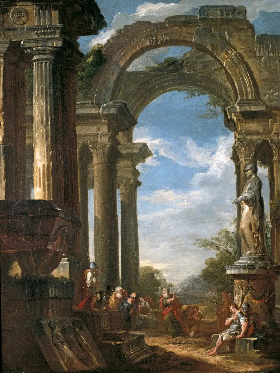 Temppelin rauniot apostolin saarnatessa - Giovanni Paolo Panini