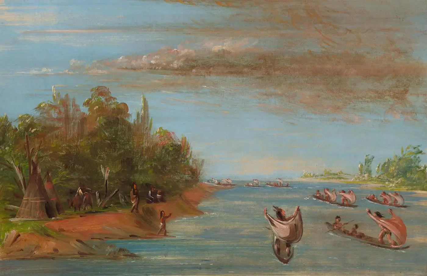 Sac et Fox naviguant en canoë - George Catlin image 1 copie de tableau peinte à la main