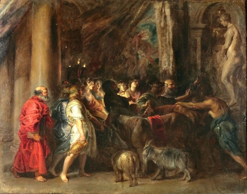 Uhrimeno temppelissä (mukaelma Adam Elsheimeristä) - Peter Paul Rubens