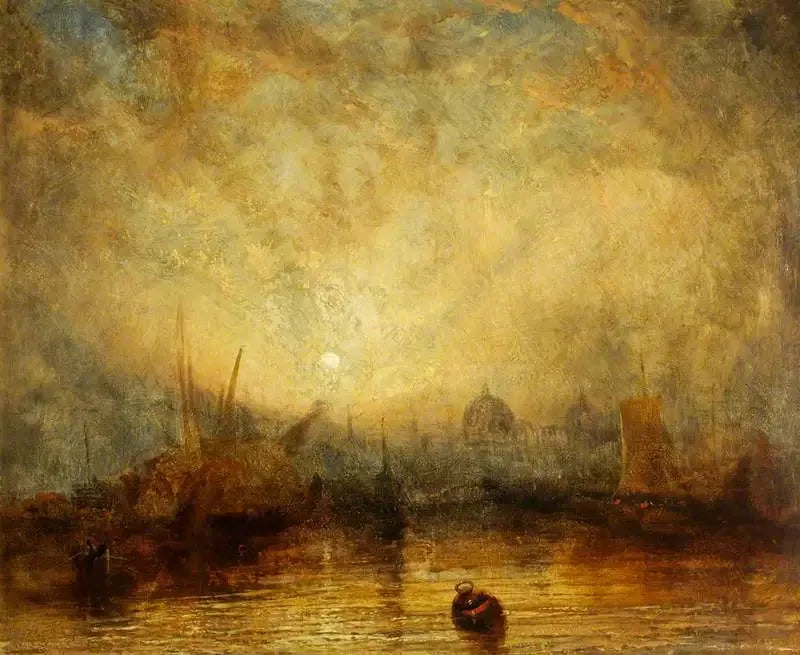 Sailing and Other Vessels at Sunset with a View towards the Domes of a City (probably Venice) - J. M. W. Turner image 1 copie peinte à la main à l’huile