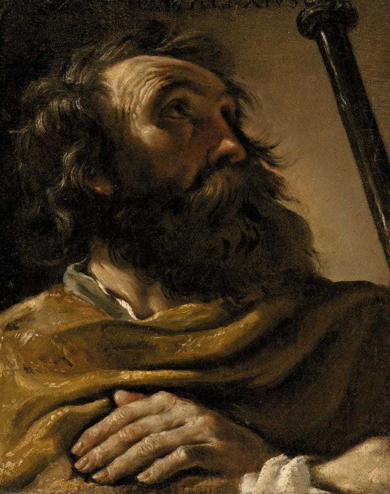 Pyhä Alexis ruskeassa takissa, pitäen sauvaa - Guercino