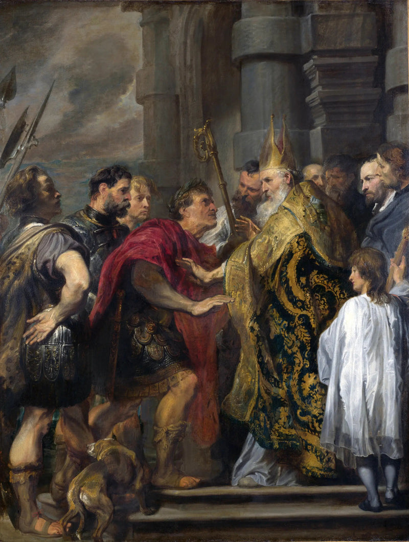 Pyhä Ambrosius kieltäytyy Theodoseen pääsystä kirkkoon - Antoine van Dyck