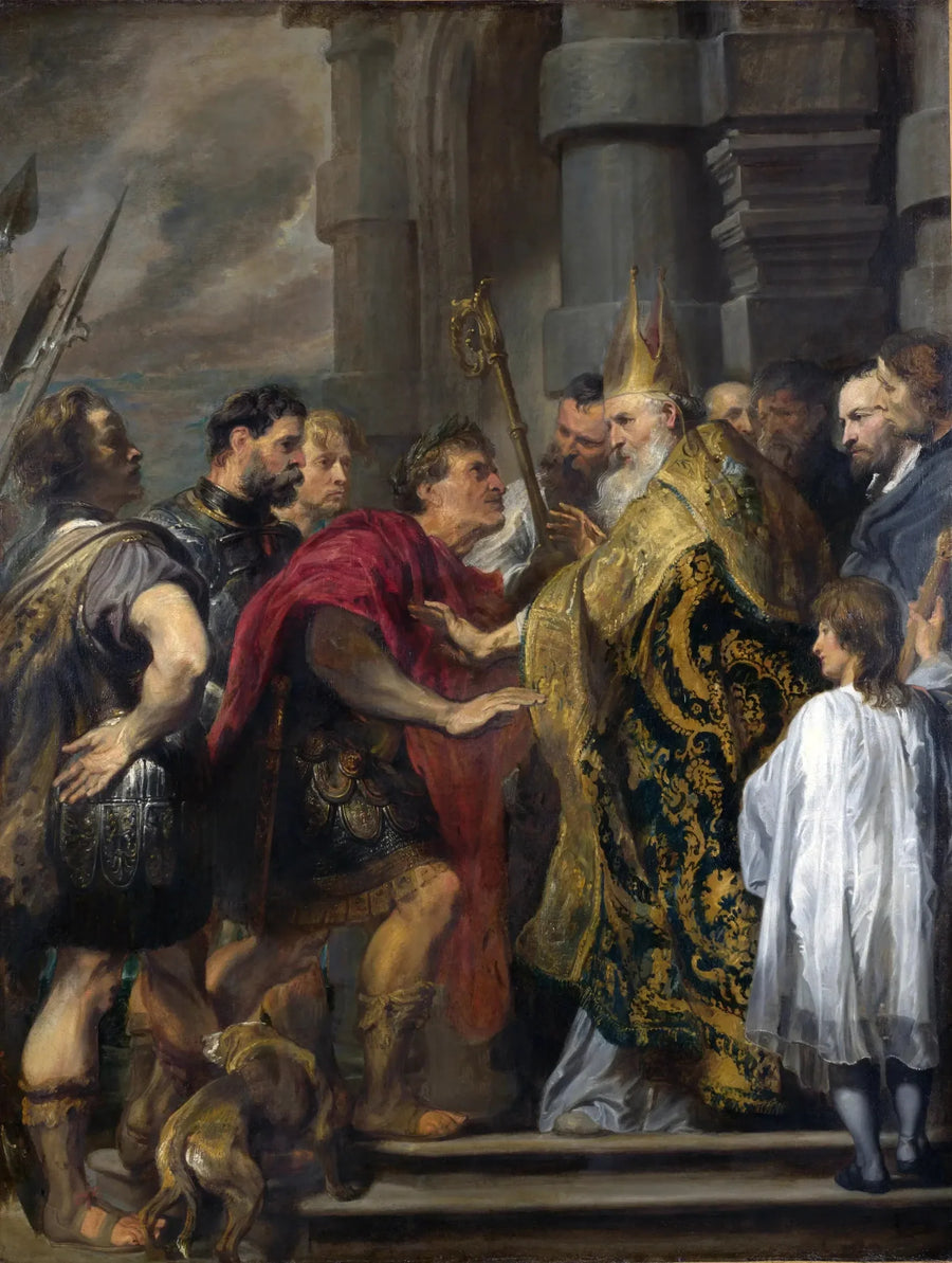 Pyhä Ambrosius kieltäytyy Theodoseen pääsystä kirkkoon - Antoine van Dyck