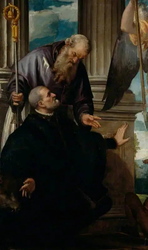 Saint Antoine abbé, suojeluspyhimys polvistuneen lahjoittajan suojeluksessa - Paul Véronèse