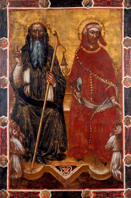 Pyhä Antoine l'Abbé ja Pyhä Éloi kahden polvistuneen uskollisen kanssa (seremonialipun toisella puolella) (aikoinaan attribuoitu Barnaba da Modenalle) - Spinello Aretino