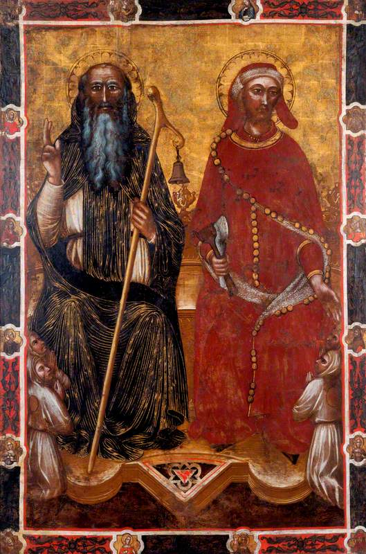 Pyhä Antoine l'Abbé ja Pyhä Éloi kahden polvistuneen uskollisen kanssa (seremonialipun toisella puolella) (aikoinaan attribuoitu Barnaba da Modenalle) - Spinello Aretino