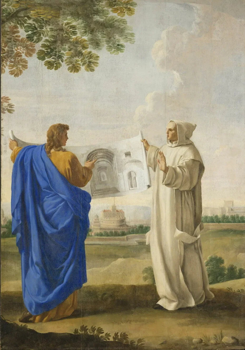 Saint Bruno tutkii Diocletianuksen kylpylöiden piirustusta, tulevan roomalaisen kartusian sijainti - Eustache Le Sueur