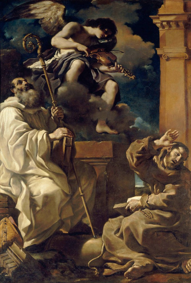 Pyhä Fransisko ekstaasissa, vieressään pyhä Benoît ja musiikkia soittava enkeli - Guercino