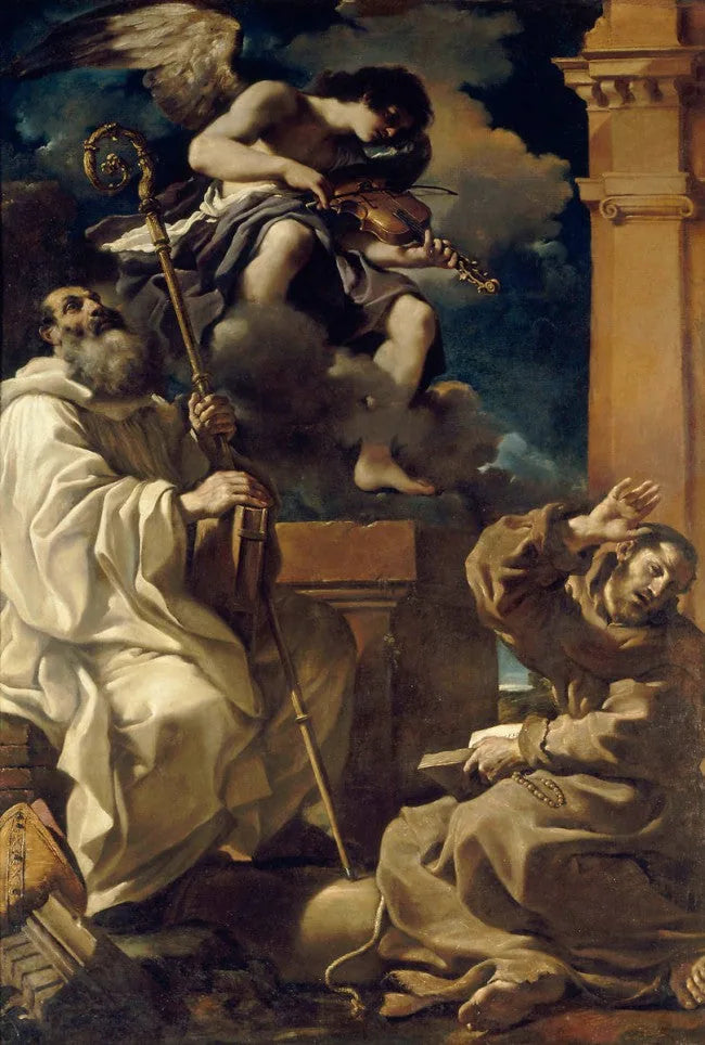 Pyhä Fransisko ekstaasissa, vieressään pyhä Benoît ja musiikkia soittava enkeli - Guercino