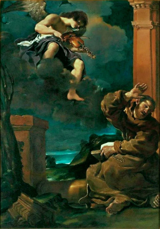 Pyhä Fransiska ekstaasissa musiikkia soittavan enkelin kanssa - Guercino
