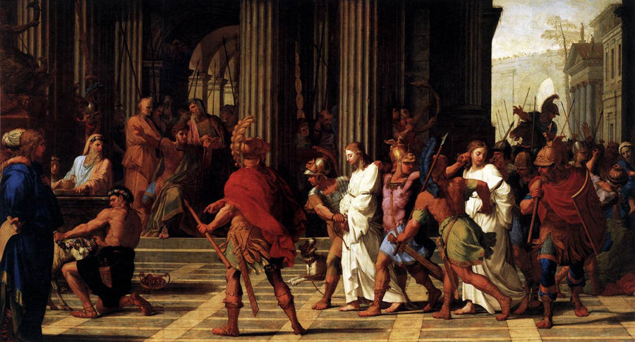 Pyhä Gervasius ja Pyhä Protasius saapuvat Astasiuksen eteen kieltäytyen uhrimasta Jupiterille - Eustache Le Sueur
