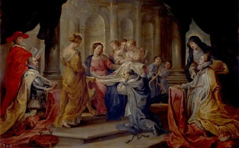 Pyhä Ildefonse vastaanottaa Neitsyt Marian chasublea, arkkiherttua Albertin ja prinsessa Isabellen läsnä ollessa - Peter Paul Rubens