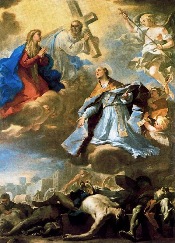 Pyhä Janarius väliintyy neitsyt Marian, Kristuksen ja ikuisen Isän puolesta ruttoa vastaan. - Luca Giordano