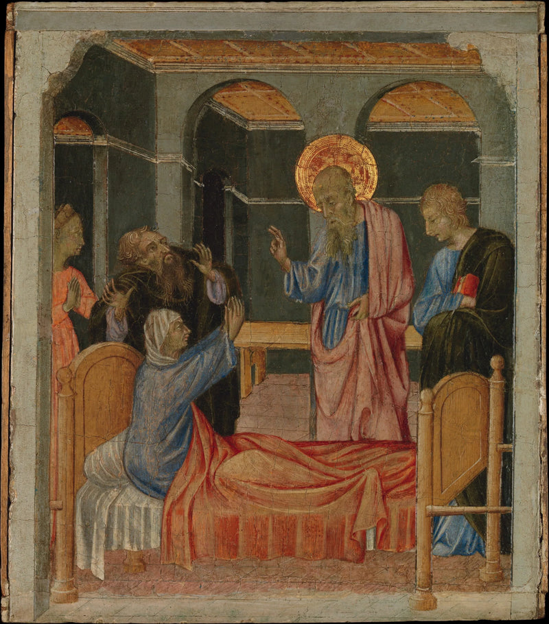 Pyhä Johannes Evankelista nostaa Drusianan - Giovanni di Paolo