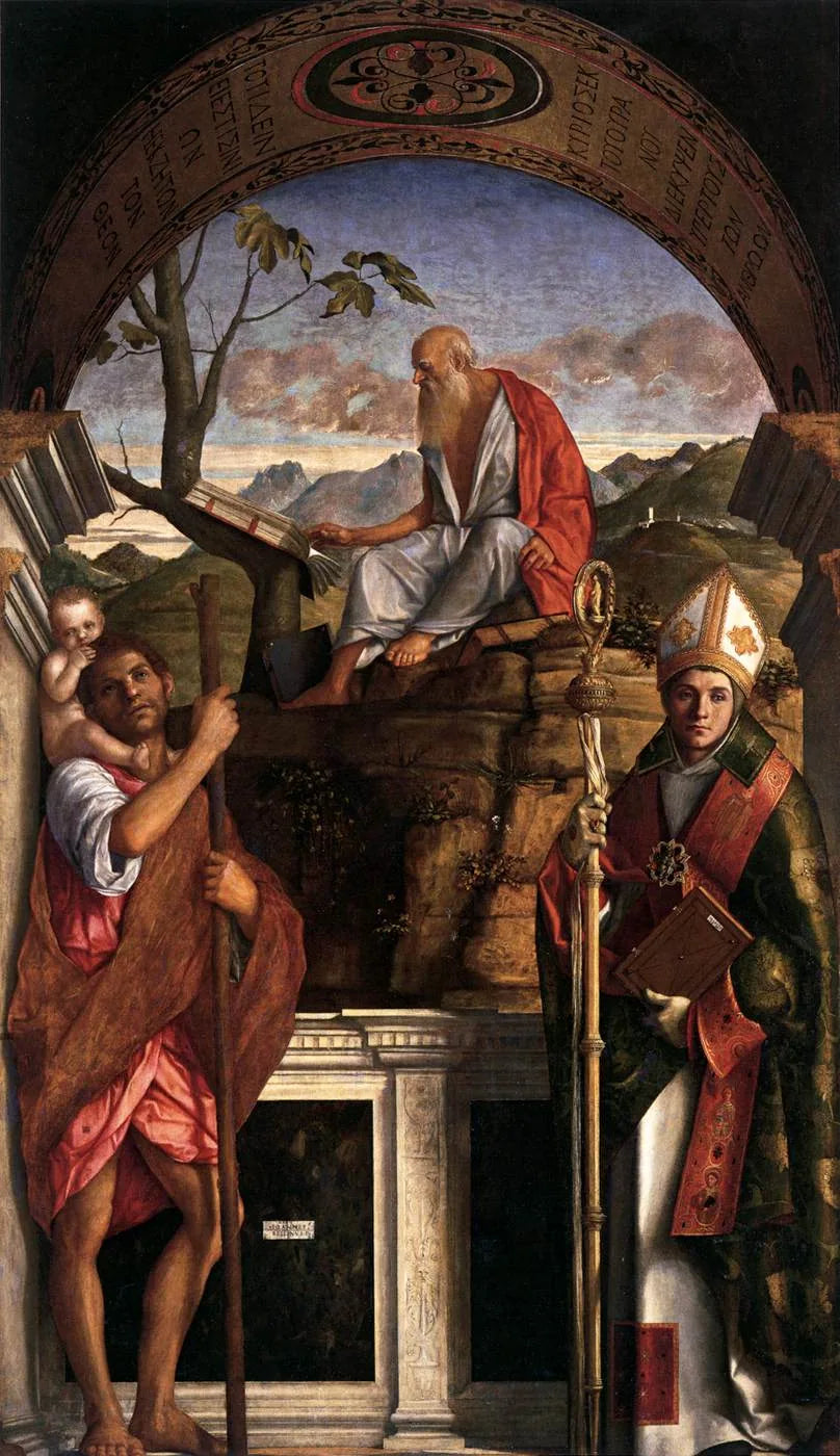 Pyhä Jérôme lukemassa pyhä Christophe ja pyhä Ludvig Toulouse kanssa - Giovanni Bellini