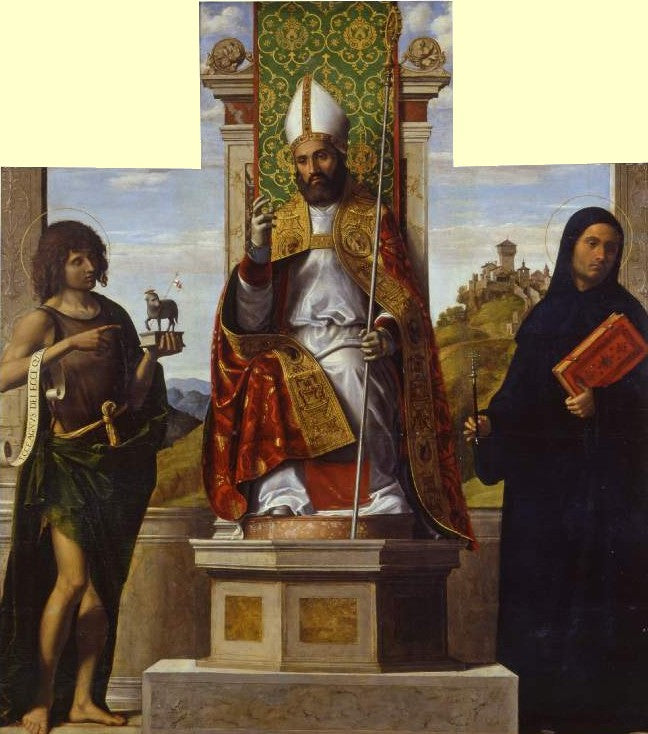 Saint Lanfranc istuu valtaistuimella Pyhän Johannes Kastajan ja Pyhän Liberen välissä - Cima da Conegliano
