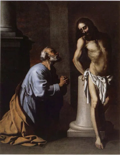 Pyhä Pietari katumassa Kristuksen edessä pylväällä - Francisco de Zurbarán