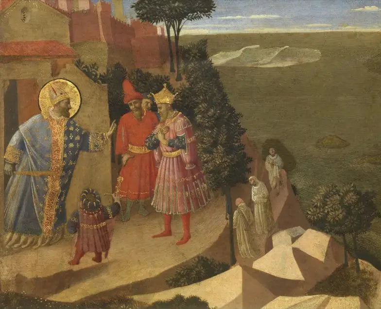 Pyhä Romualdo kieltää keisari Otton III:n pääsyn luostariin, katkelma leikatuista tauluista, jotka esittävät Thebaidin kohtauksia - Fra Angelico