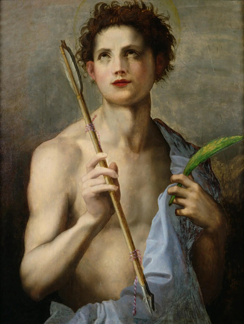 Saint-Sébastien vuokraaja kaksi nuolta ja marttyyrin palmu - Andrea del Sarto
