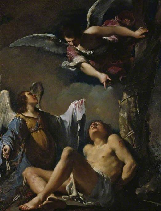 Pyhä Sebastianus pelastettuna kahden enkelin avulla - Guercino