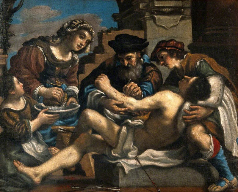 Pyhä Sebastianus pelastetaan kirurgin ja muiden toimesta - Guercino