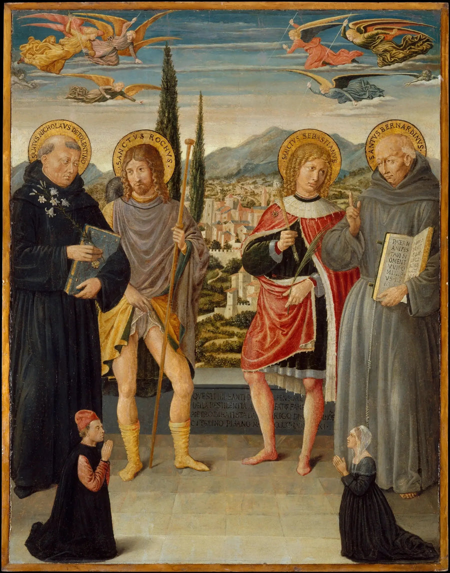 Pyhimykset Nikolaus de Tolentino, Roch, Sebastian ja Bernardin de Sienne, polvistuneiden lahjoittajien kanssa - Benozzo Gozzoli