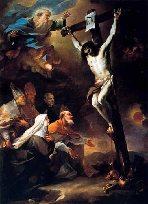 Pyhien suojelijat Napolista rukoilemassa ristiä - Luca Giordano