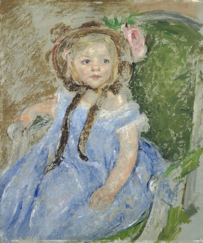 Sara tummassa myssyssä oikea käsi tuolin käsivarrella - Mary Cassatt