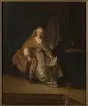 Saskia kantamassa rikasta mekkoa Bathsheban (yksin) Davidin kirjeen kanssa - Rembrandt