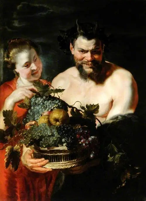 Satyyri ja tyttö hedelmäkorin kanssa - Peter Paul Rubens