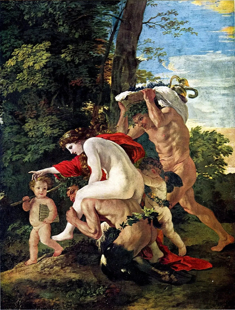 Bacchus-näytelmä tai Nymfi ratsastamassa satyyriä - Nicolas Poussin