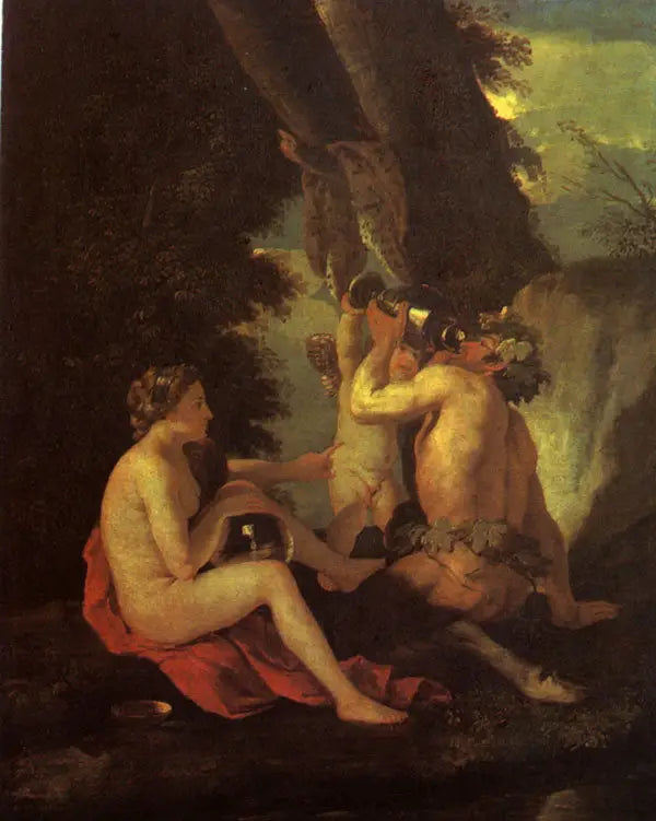 Bachinäkymä tai Nymfi ja satyyri juomassa - Nicolas Poussin