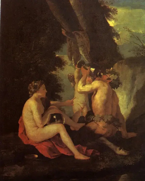 Bachinäkymä tai Nymfi ja satyyri juomassa - Nicolas Poussin