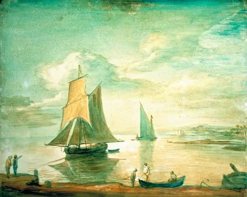 Rantamaisema purje- ja soutuveneillä sekä henkilöitä rannalla - Thomas Gainsborough