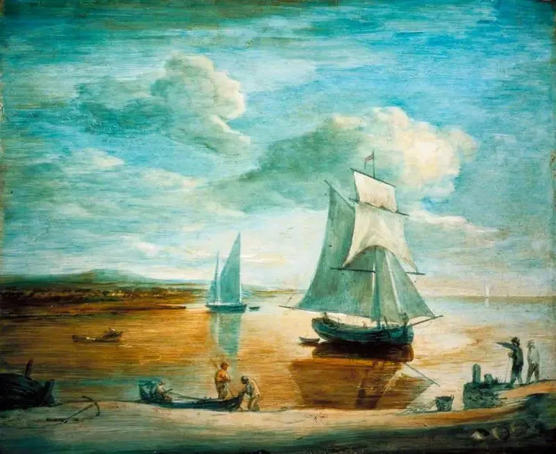 Rantamaisema purje- ja soutuveneillä sekä henkilöitä rannalla - Thomas Gainsborough