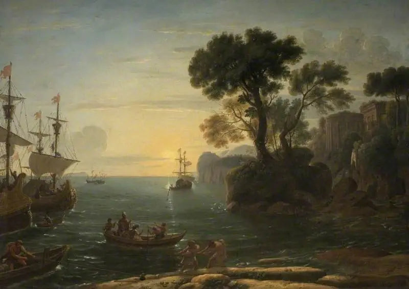 Rantamaisema Eneuksen laskeutumisesta Latiumiin - Claude Lorrain