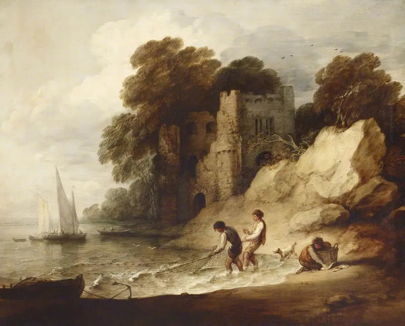 Rantamaisema kallioilla linnan rauniolla, veneitä ja kalastajia - Thomas Gainsborough