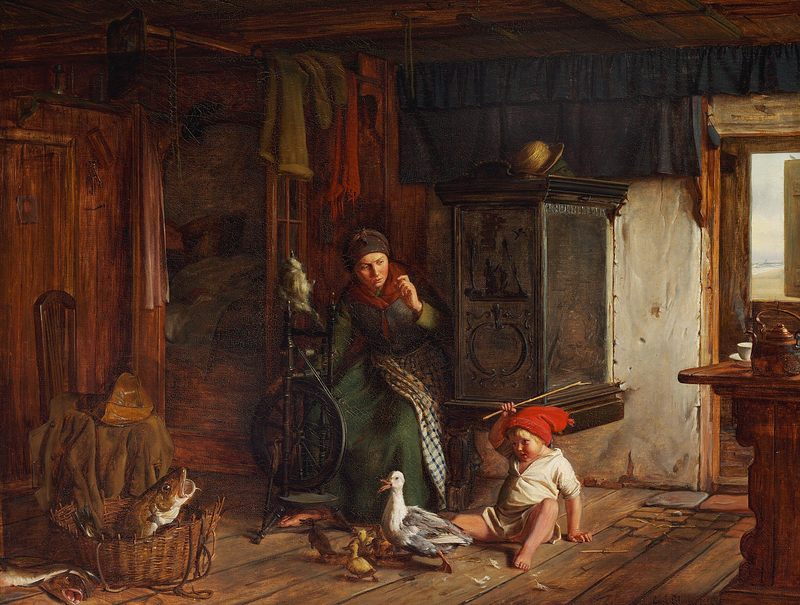 Näkymä kalastajan talossa. Poika hyökkää ankkaa vastaan. Isä tarvitsee nukkua. - Carl Heinrich Bloch