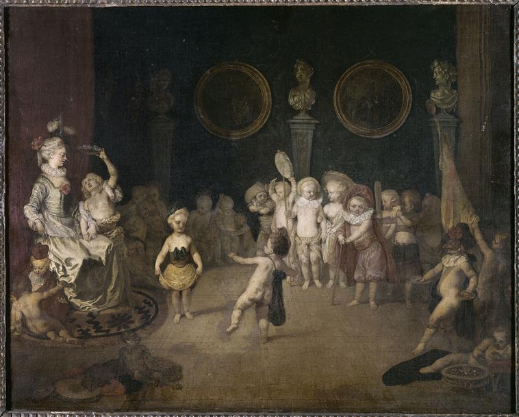 Italialaisen komedian kohtaus esitetään lasten ryhmän toimesta - Antoine Watteau